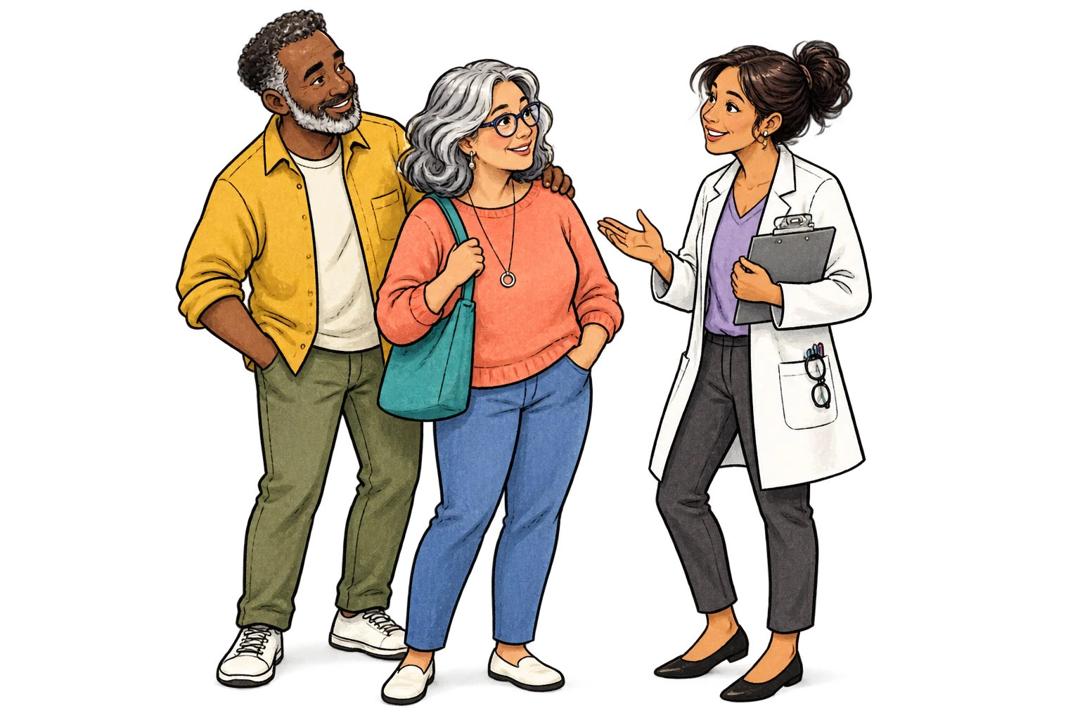 A patient and support person talking with an ophthalmologist